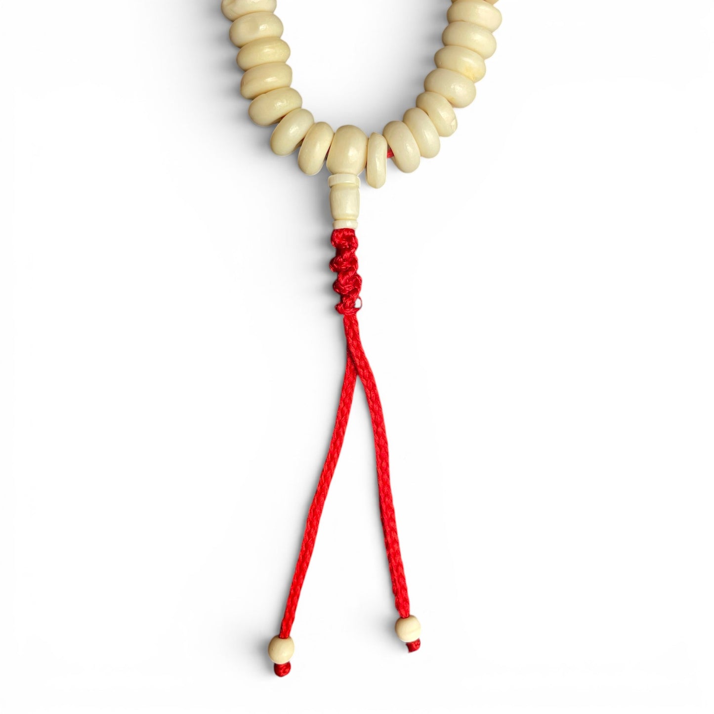 Komplette Yak-Knochen Mala mit 108 Perlen, echtem Türkis und roten Holzperlen