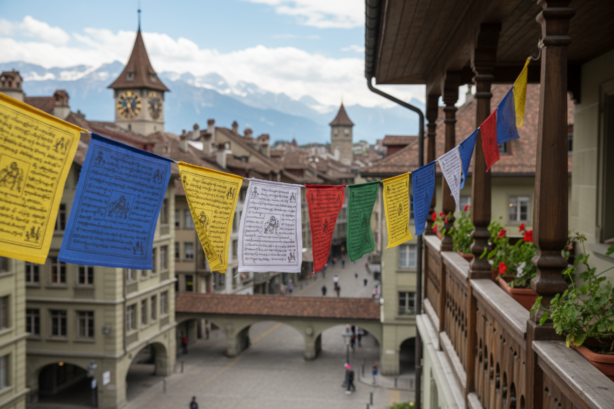 zeige 14,5 x 17 cm, 3 Meter Gebetsfahne auf einem balkon in bern
